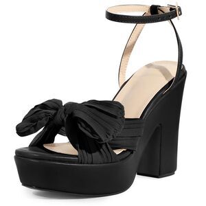 Women's Platform Pleated Bow Slingback Block High Heel Sandals Black